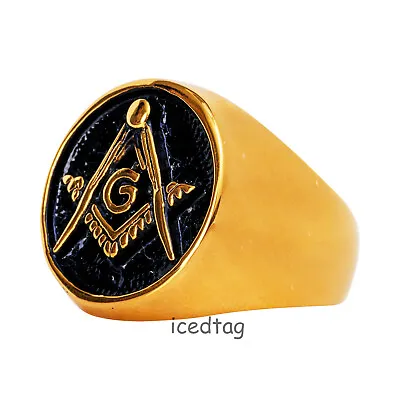 Masonic 14k Gold Plated Stainless Steel Freemason Signet Heavy Men's Ring • $24.99