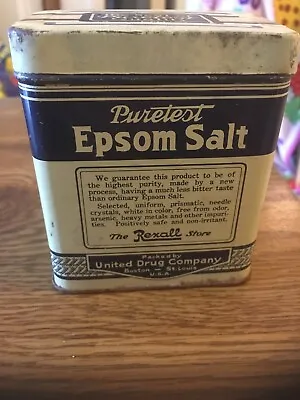 Vintage Puretest Epsom Salt Tin Rexall Stores  United Drug Co 16 Oz UC1055 • $18.99