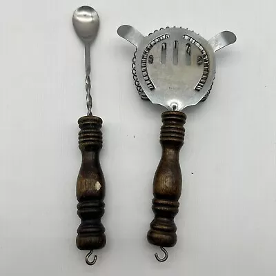 Set Of 2 Stainless Steel Wooden Handle Bar Tool Accessories: Strainer Spoon • $12.89