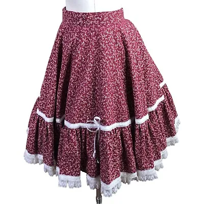 Vintage Square Dance Skirt Small Maroon Lace Ribbon Belted Full Circle Western • $38.05