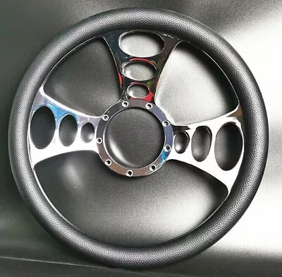 14  Nine Hole Billet Aluminum 9 Holes Chrome Steering Wheel W/ Half Wrap Leather • $115.99