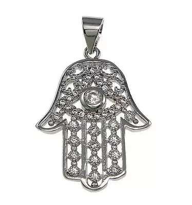 HAMSA-Fatima Hand-Khamsa-Solid 925 Sterling Silver Pendant/necklace-CZ-Chain Opt • £11.89