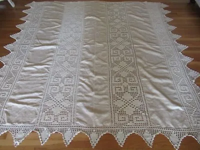 Vintage Handmade Victorian French Linen Crochet Bedspread Coverlet Ecru Monogram • $89