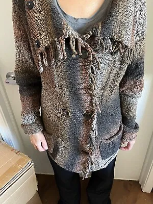 CABI 903 Cotton Silk Chunky Sweater Knit Frontier Fringed Cardigan Size Medium • $23