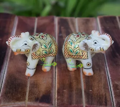 Marble Elephant Figurine Pair Idol Floral Painting Art Home Decor Made In India • $56.89