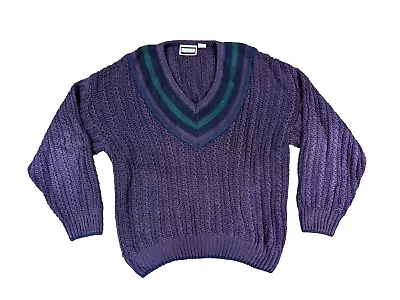 VINTAGE Weekend Sweater L Large 90's Purple Green Knit V Neck Distress Pullover • $18.95