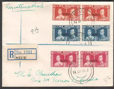 Niue 1938 Registered Cover To Vernon BC Canada Via Pago Pago Samoa & San Pedro • $8