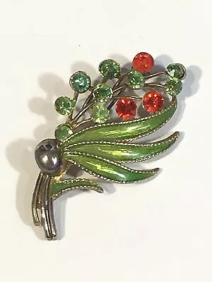 Vintage 1960's M. Jent Green & Orange Rhinestones Enamel Floral Spray Pin Brooch • $11.85