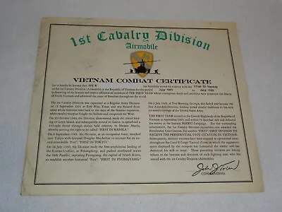 1st Cavalry Division Airmobile 1967-1968 Vietnam War Rare Combat Certificate • $124.99