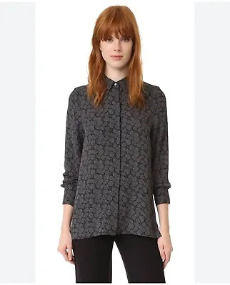 Vince Covered Placket Print Silk Shirt In Black Shark Gray Size 6 Academia • $50