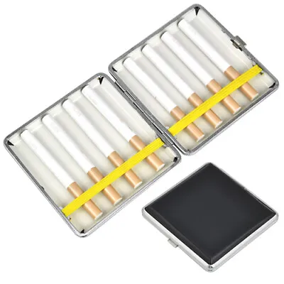 Compact Smokers Tin Black Chrome Faux Leather Cigarette Holder Box Case Pocket • £3.99