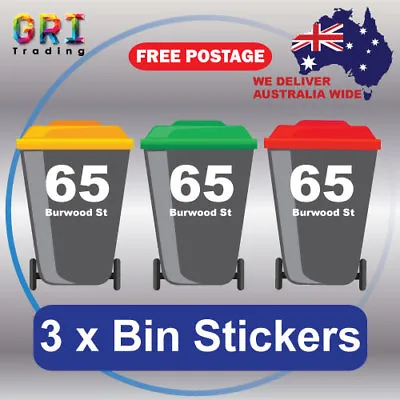 3x Wheelie Rubbish Garbage Bin Sticker House Number Street Name Vinyl Decal • $12.50