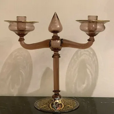 Murano Venetian Blown Glass Enamel Decorated 2-Arm Candlestick 11.5  Tall 292 MM • $299