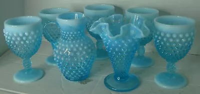 FENTON Blue  Opalescent Hobnail Pitcher 5 Goblets And Vase • $100