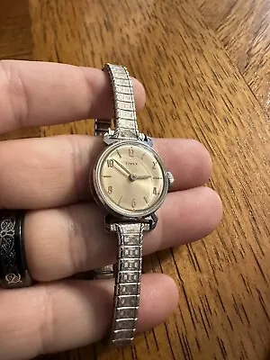 Vintage Waterproof Silver Tone Timex Ladies Wind Up Watch CHR Plated Bezel • $10