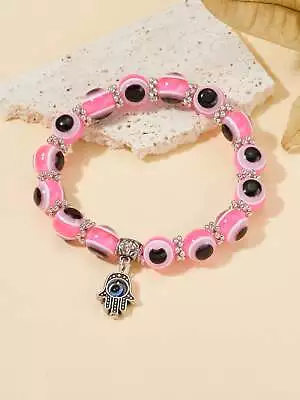 Evil Eye Detail Hamsa Hand Charm Pink Beaded Bracelet For Women Crafted Jewelry • $6.32