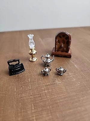 Vintage Dollhouse Miniature Lot Silver Tea Set And Lantern Mini Radio Iron • $5