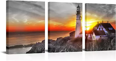 Lighthouse Picture Canvas Prints Ocean Beach At Sunset Wall Art Beautiful Maine  • $61.39