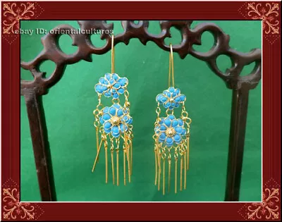 Retro Palace Handmade Filigree Miao Silver Gilt Dot Blue Flower Earring 1pair • $55