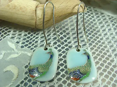 Vtg Chinese Asian Sterling Silver Painted Enamel Gold Peacock Bird Wire Earrings • $95