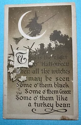 Vintage Halloween Postcard Witch Riding Broom Through Moon. Gibson Art. 1910 • $9.99