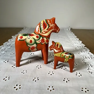 2 Vintage Swedish MCM Wooden Dala Horses Hand Carved And Hand Painted • £61.76