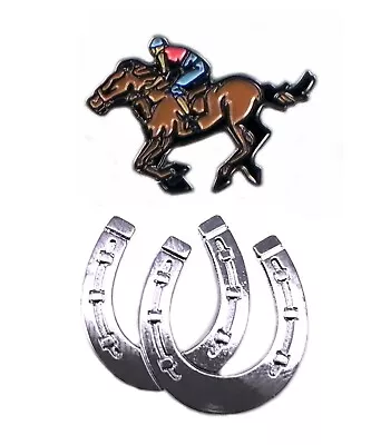 2 X Horse Racing Metal Enamel Pin Badges Pony Horseshoe Pair Jockey Race Ride • £3.99