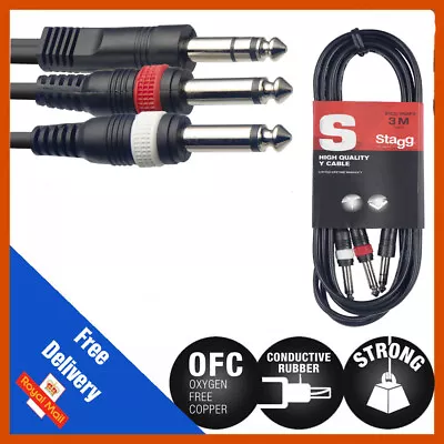 1m 6.35mm 1/4  TRS Jack Stereo To Twin 2 X 1/4  Jacks Mono Cable Audio Lead • £4.99