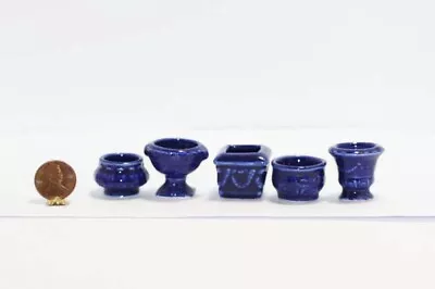 Dollhouse Miniature Set Of 5 Navy Glazed Ceramic Victorian Embossed Pots • $9.99