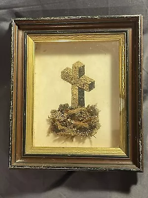 Antique Folk Art 3D Crucifix Memorial Memento Mori Seaweed Or Moss Shadow Box • $169.50
