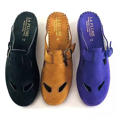 LA Plume Shoes Women's 10.5 11.5 Tan Black Clog Mule Nubuck Suede NOS Vintage • $32.96