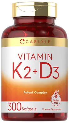 Vitamin K2 D3 Supplement | 300 Softgels | 200mcg K2 MK7 & 250mcg D3 | By Carlyle • $14.39