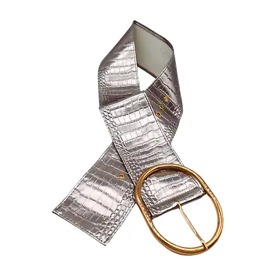 Women Wide Metallic Silver Chrome Belt Gold Oval Metal Buckle Adjustable Fit S M • $22.99