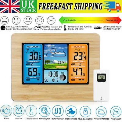Digital LCD Indoor&Outdoor Weather Station Clock Wireless Calendar Thermometer • £22.99