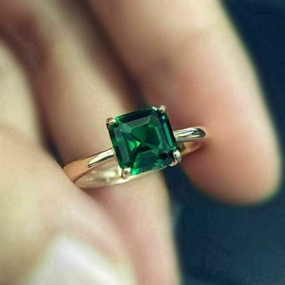 £69 • Buy 2.5Ct Asscher Cut Green Emerald Solitaire Engagement Ring 14K Yellow Gold Finish