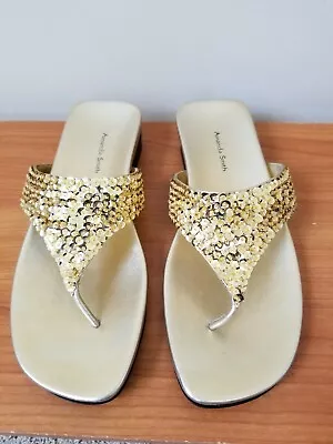$21 • Buy Amanda Smith Bedazzle Gold Sequins Thong Sandal Shoes Size 8