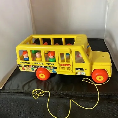 Vintage Fisher Price FP School Bus Pull Toy String 7 Little People Plastic AC • $34.99