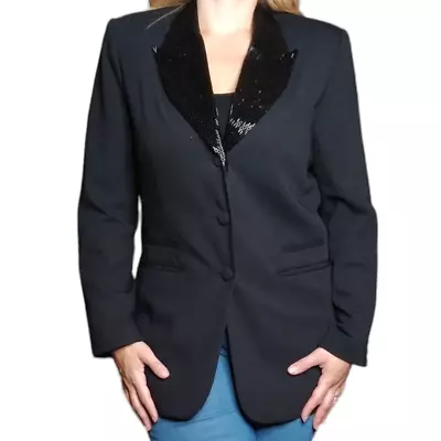 90's Vintage Black Tuxedo Jacket With Fully Beaded Collar Size 14 • $40