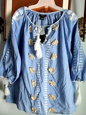 NWT Philosophy By Republic Top Blouse Blue -White Fancy Details & Crochet 1X $68 • $13