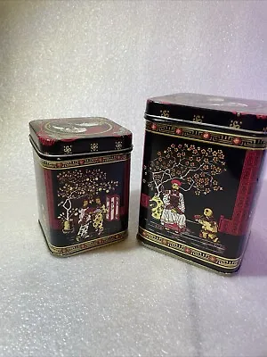 Vintage Tea Tin Set Of Two Black Pink Gold Cranes Asian Women Men 70s • $14.99