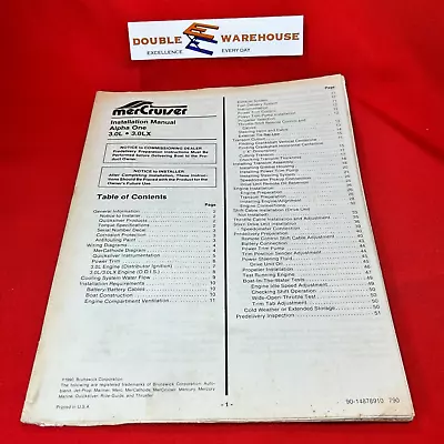 1990 MerCruiser Installation Manual Alpha One 3.0L 3.0LX 90-14878910 • $14.99