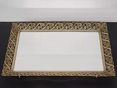 Vintage Mirror Vanity Perfume  Tray Gold Metal Floral Footed Rectangle (1) • $24.99