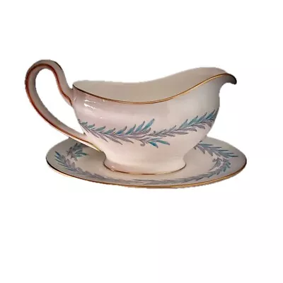 MINTON Malta Gravy Boat English China Blue Gold Cream Attachd Under Plate CH6190 • $179