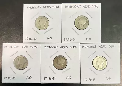 1916-P | Mercury Dime | 10c | 1st Year Issue | 5-Coin Lot | Buy 1 Or More & Save • $10