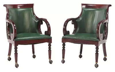 Office Chairs Pair Mahogany Empire Style Green Upholstery On Wheels!! • $2375