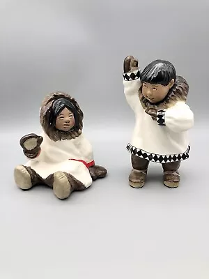 Vtg C. Alan Johnson Figurines Benny 1963 Dinah 1982 Alaskan Inuit Signed Pottery • $124.99