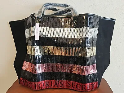 Victoria's Secret Black Sequin Striped Large Weekender Getaway Bag-Purse New! • $13