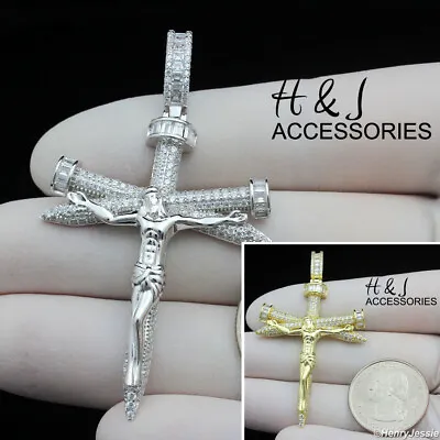 Men 925 Sterling Silver Bling Cz Gold Plated/silver 3d Nail Cross Pendant*agp402 • $47.99