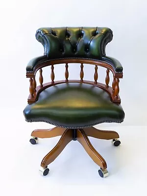 Chesterfield Captains Desk Chair In Yew Finish - Green Leather • £605