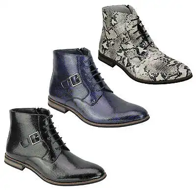 Mens Faux Leather Shiny Snake Skin Ankle Boots Zip Lace Up Chelsea Dealer Shoes • £34.99